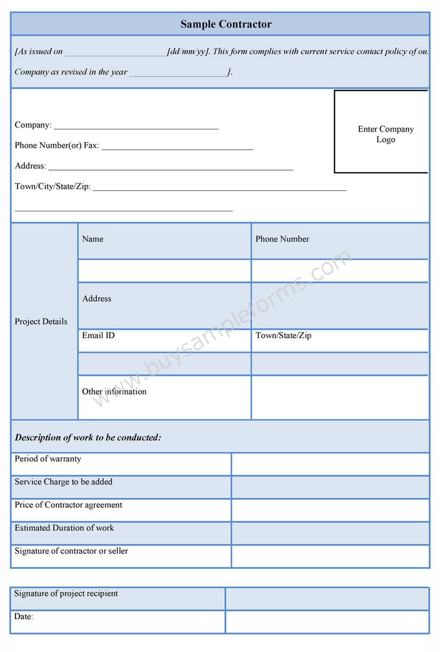 Sample Contractor Form Contractor Forms Examples