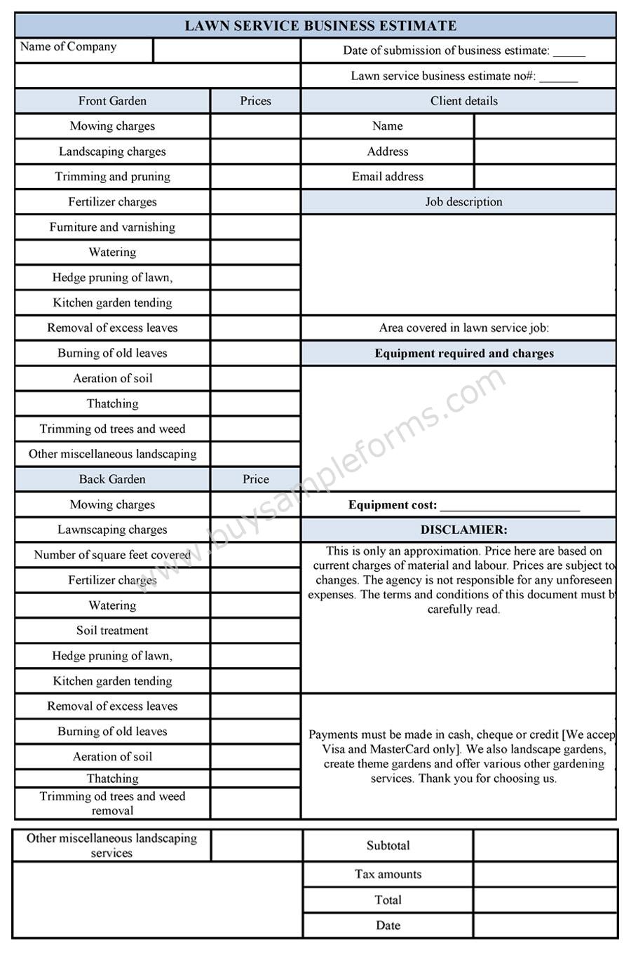 Lawn Service Business Estimate Form