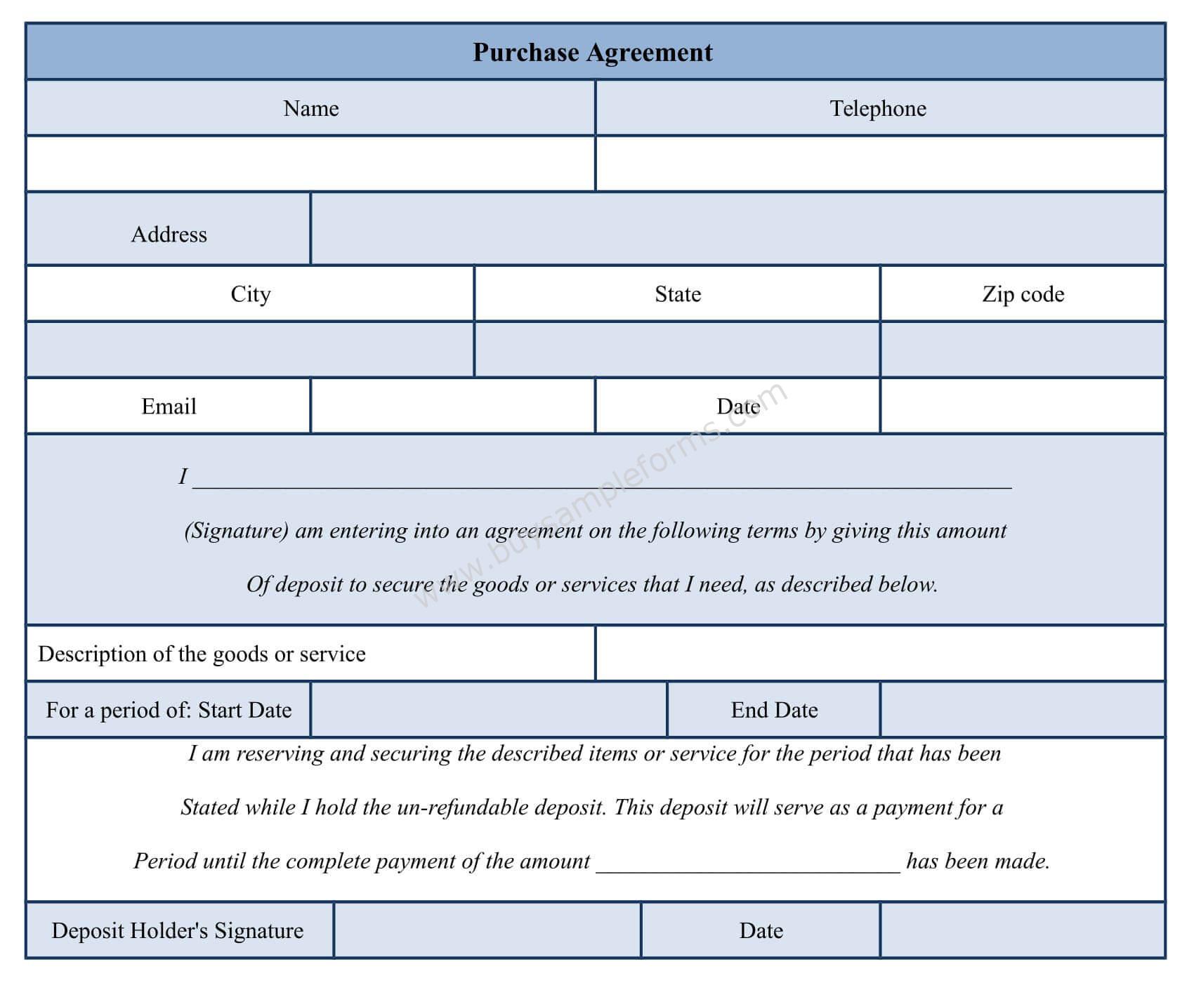 Purchase Agreement Form Template MS Word