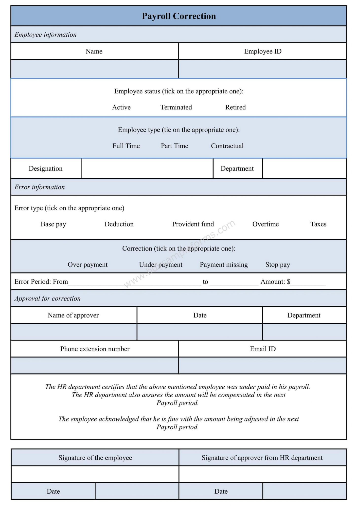 Payroll Correction Form Template, Sample Payroll Correction Form