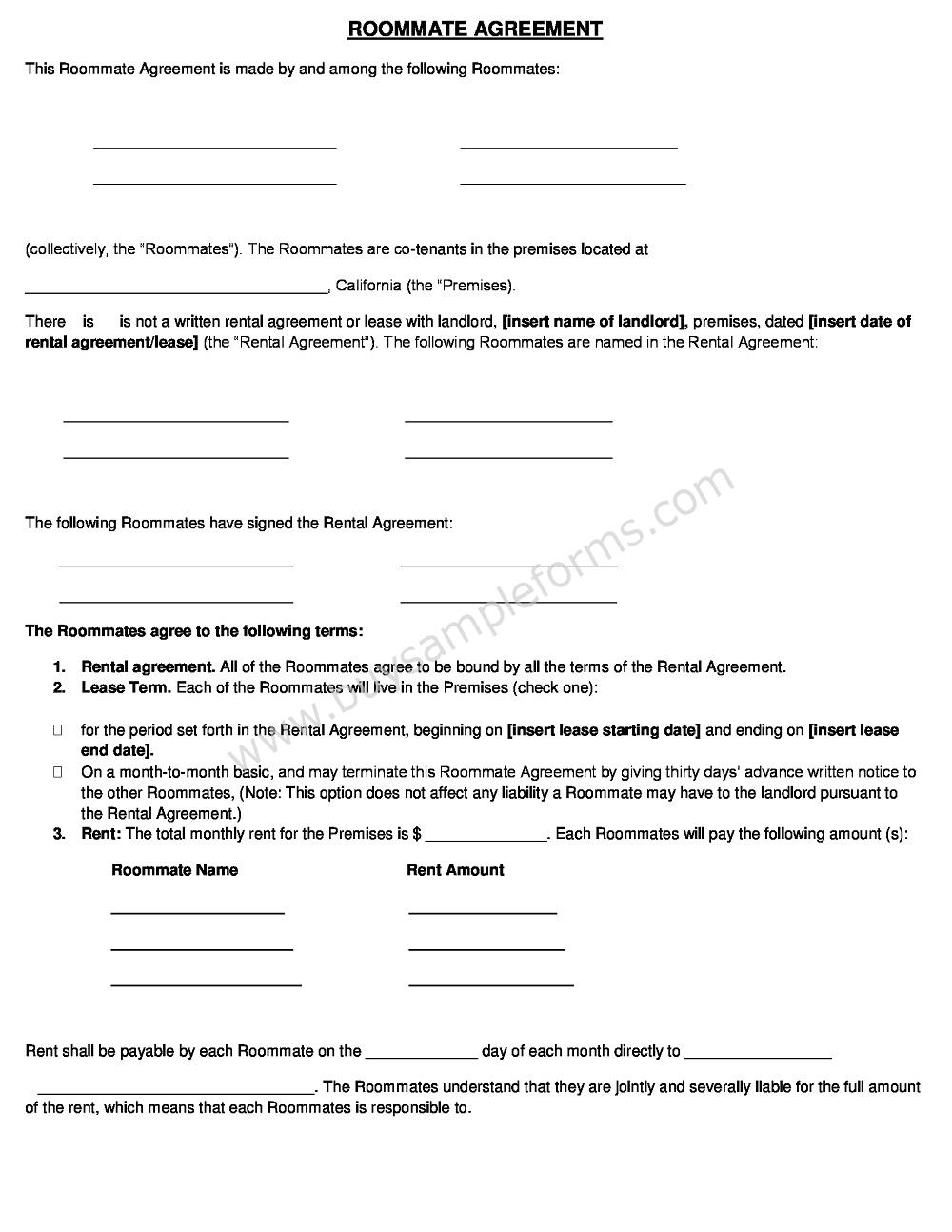Sample Roommate Rental Agreement Form Template Word Doc