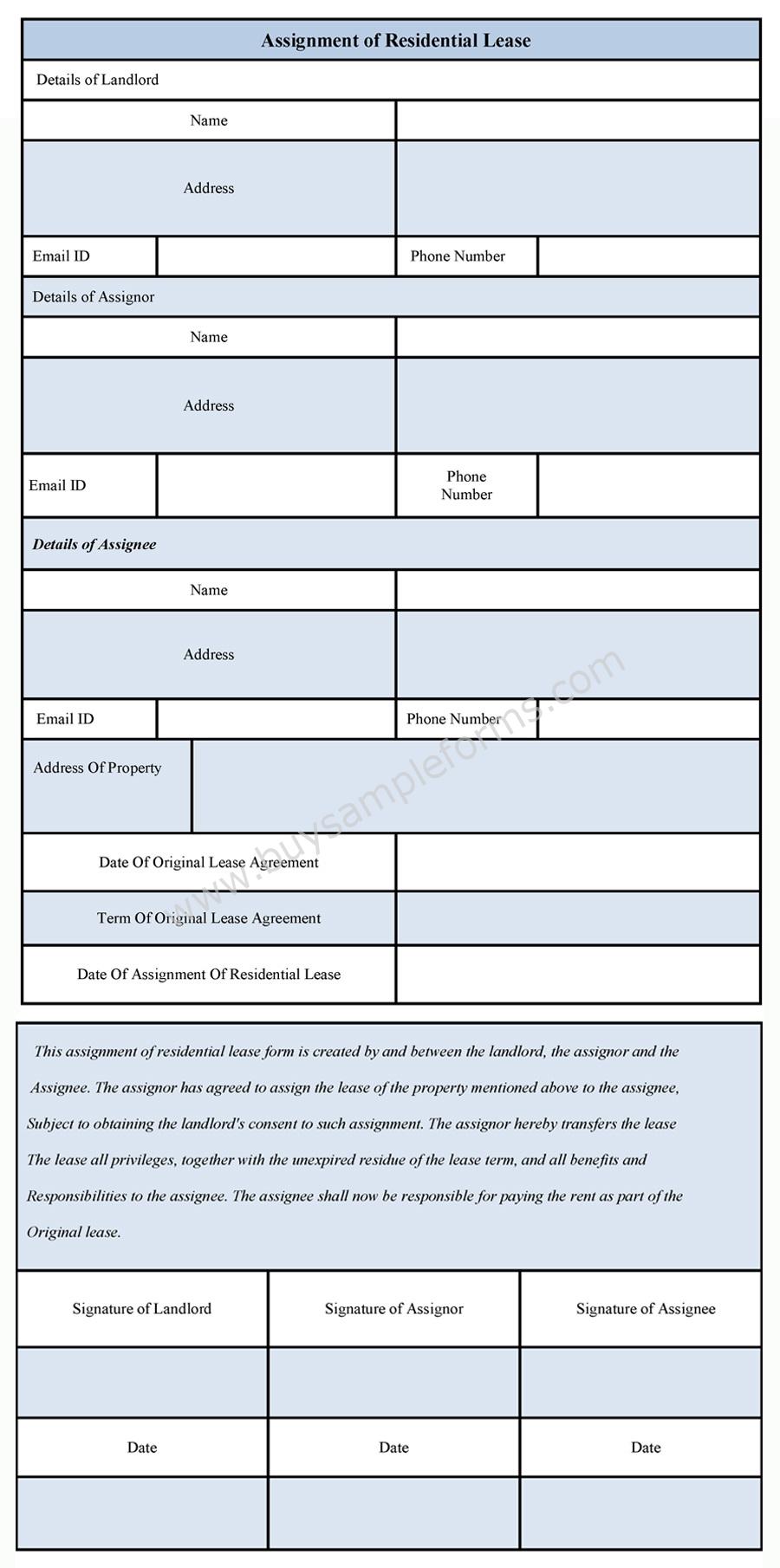 Assignment of Residential Lease Form