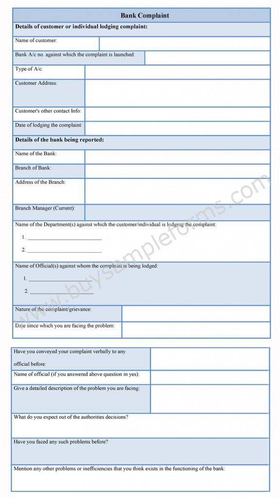 Bank Complaint Form sample