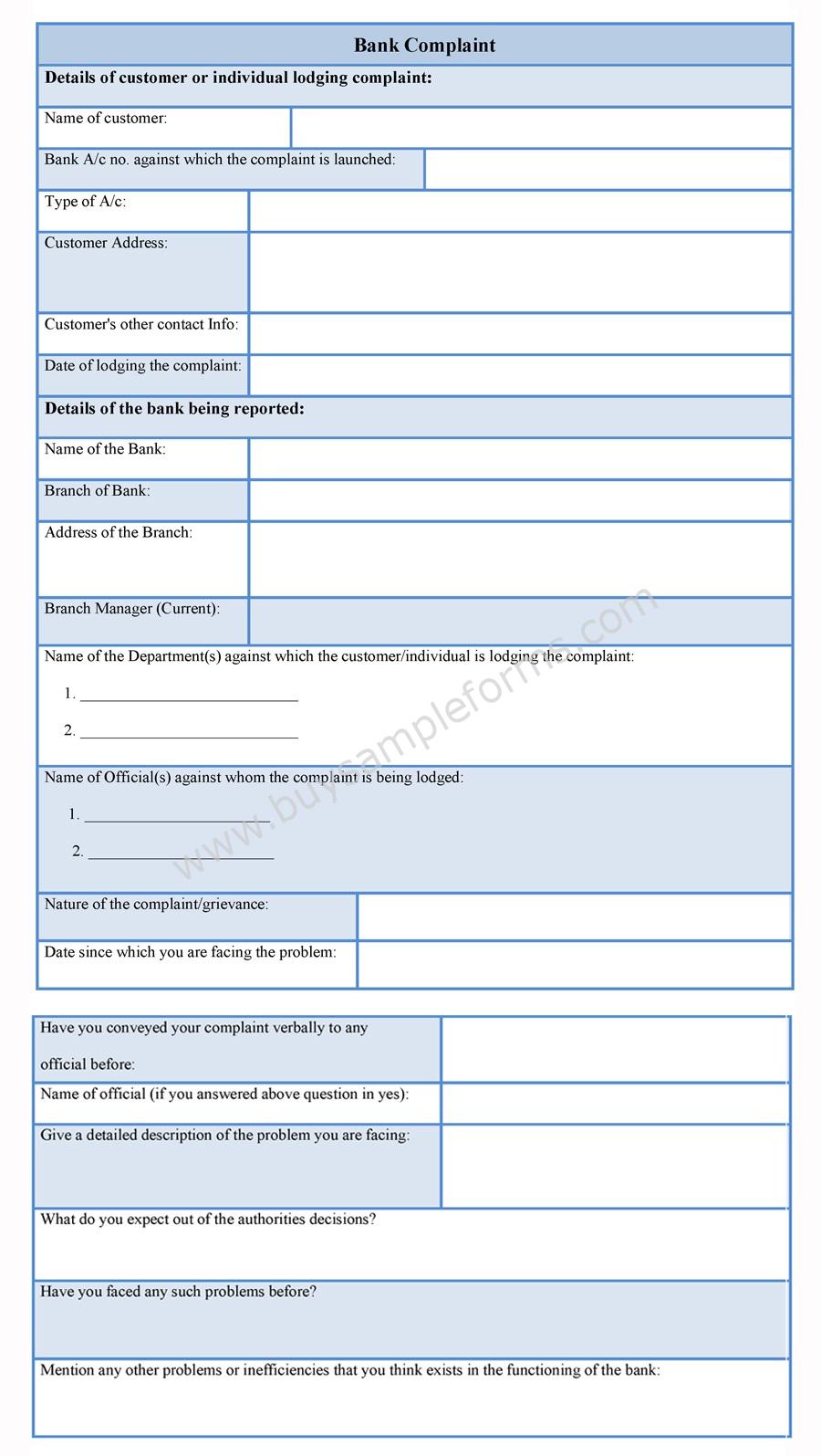 Bank Complaint Form sample