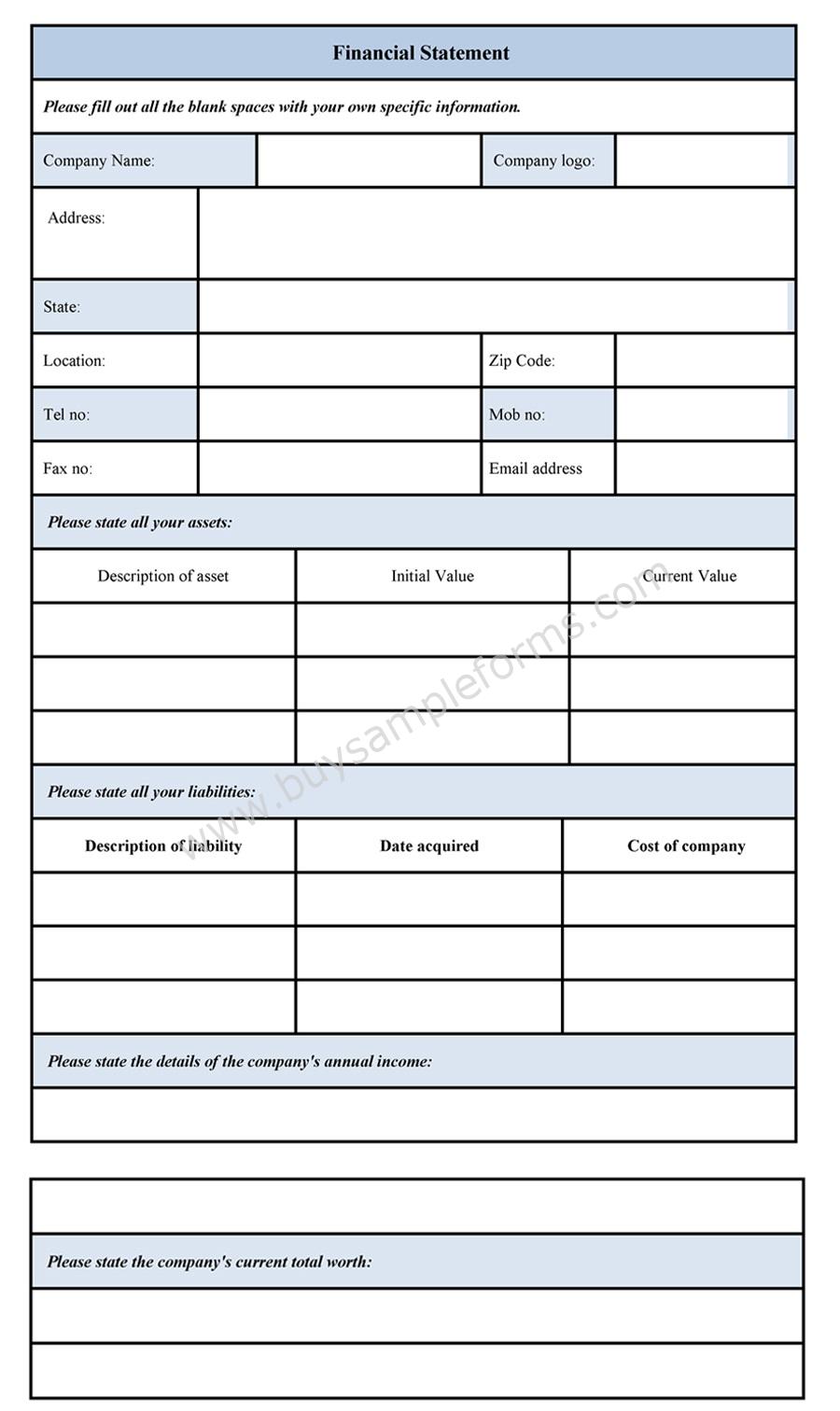 Blank Personal Financial Statement Form Sample Forms