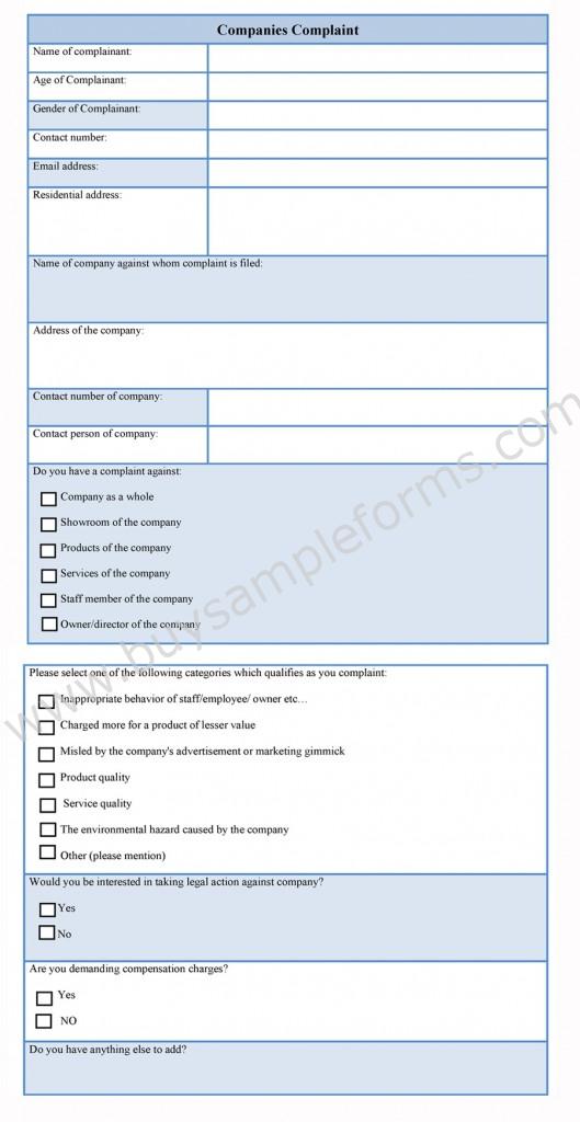 companies complaint form template, Sample
