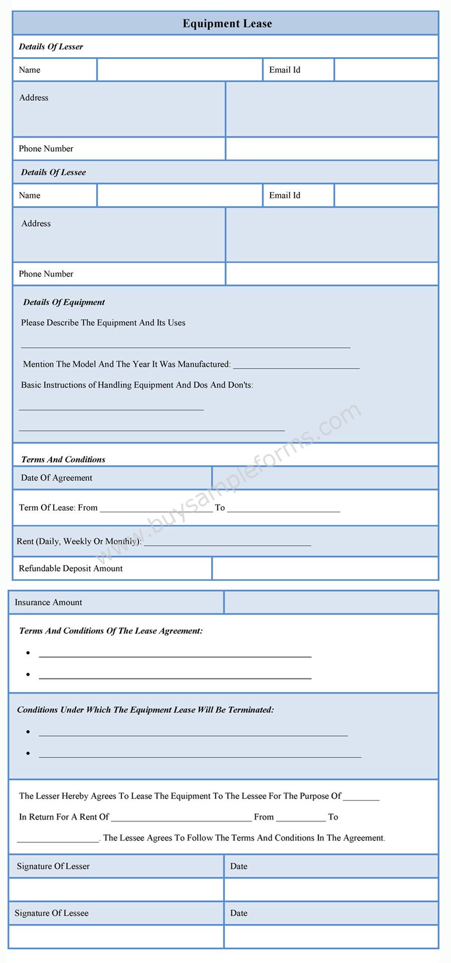 Equipment Lease Form Template