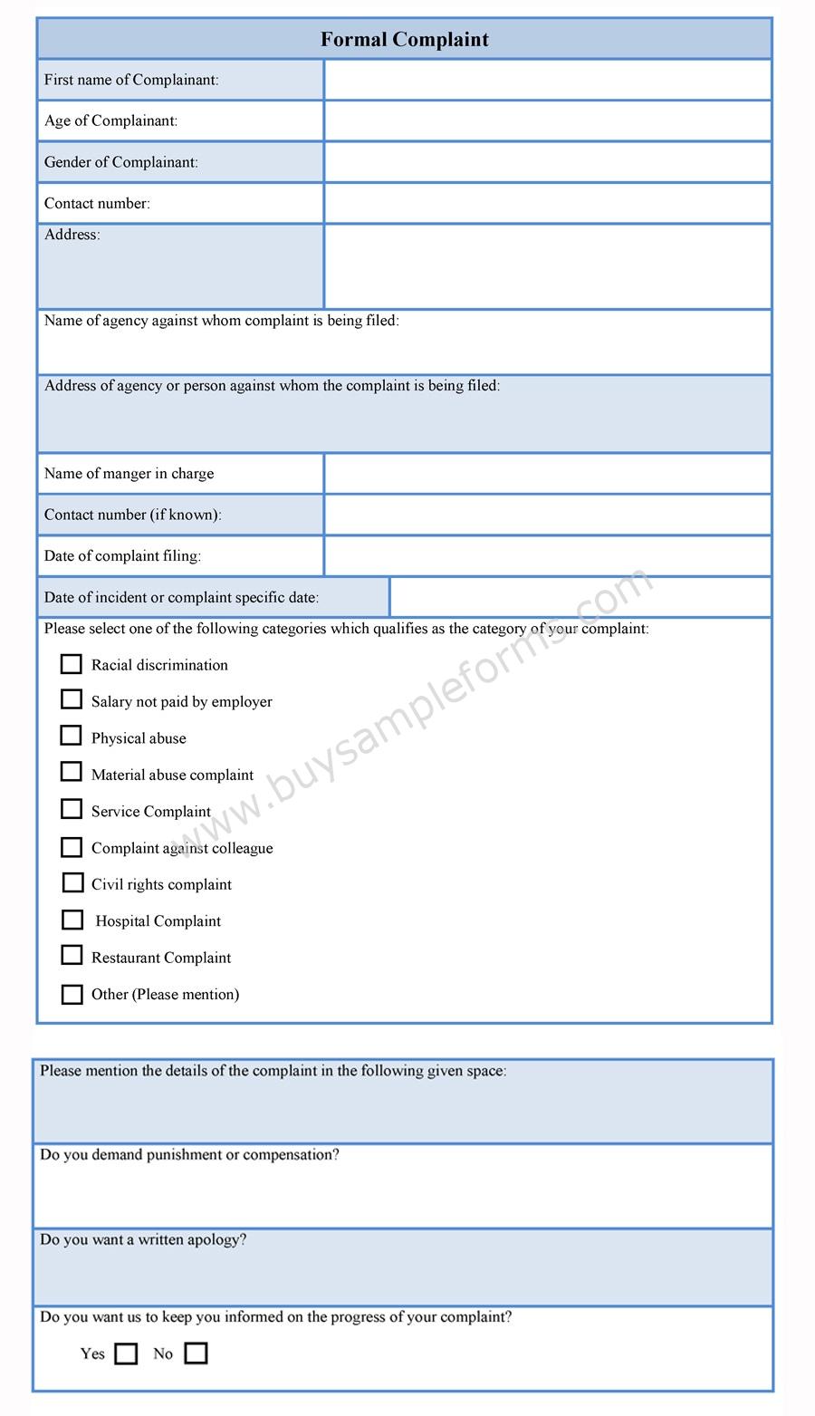 formal complaint form template
