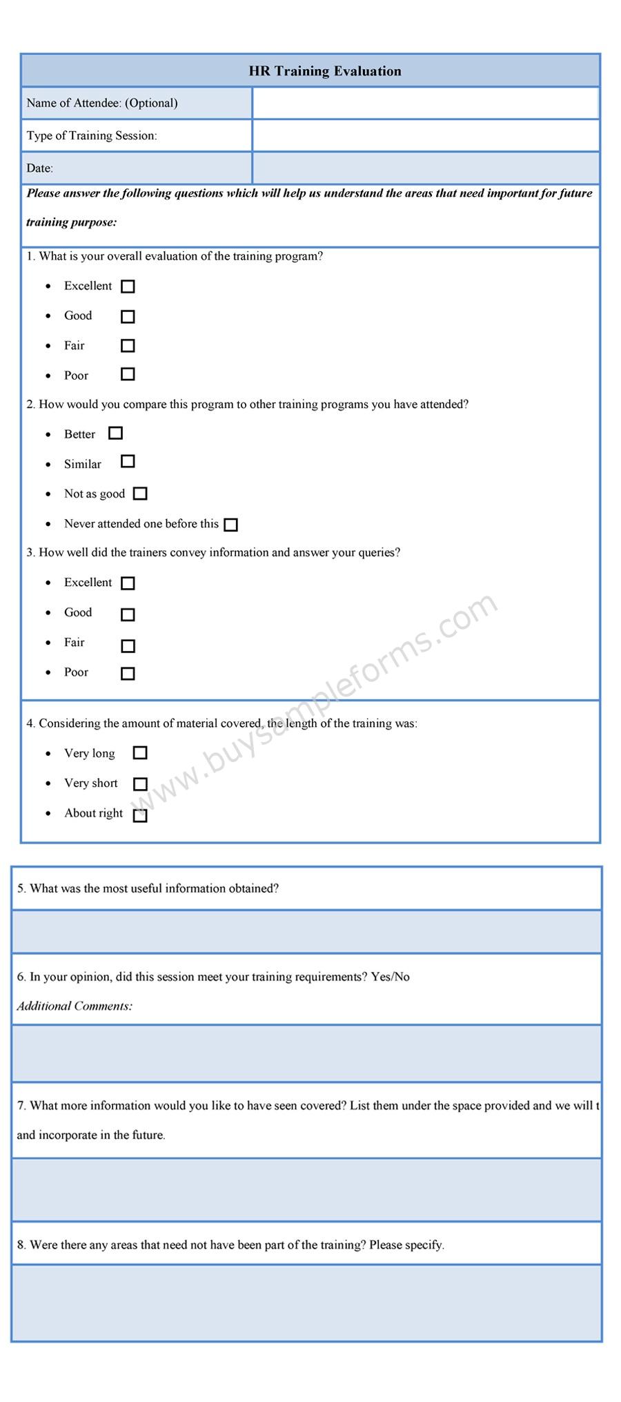 Sample HR Training Evaluation Form