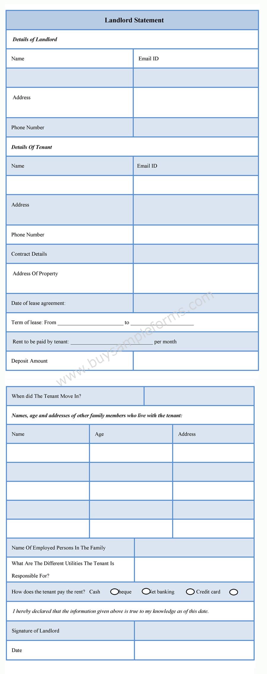 Landlord Statement form Template