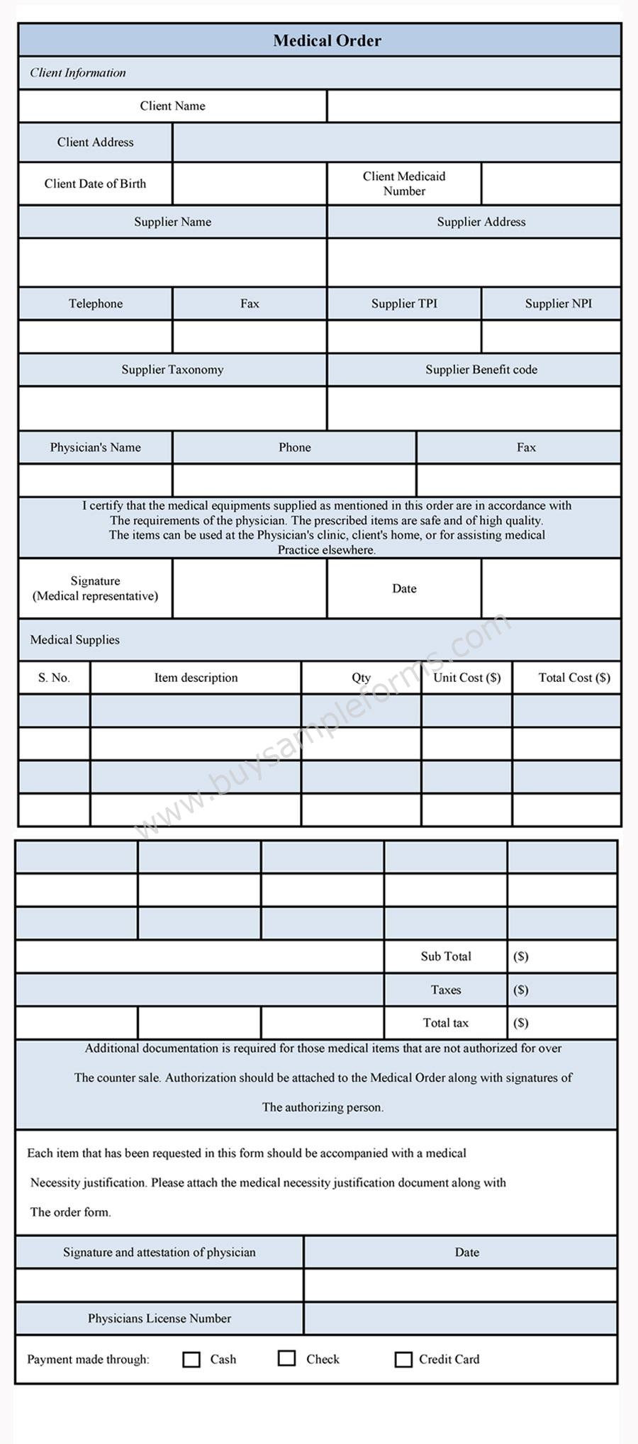 Sample Medical Order Form