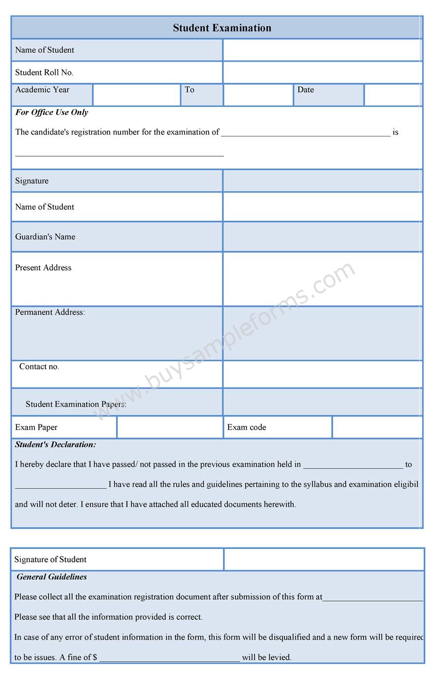 Student Examination Form template