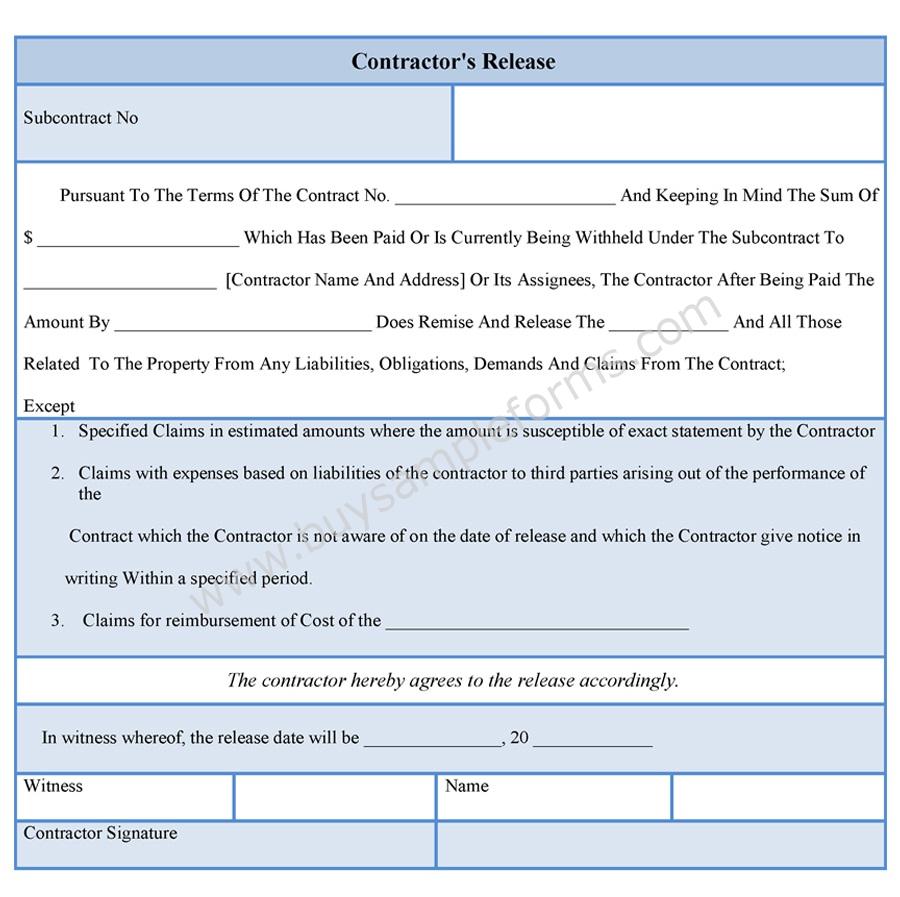 Contractor Liability release form template