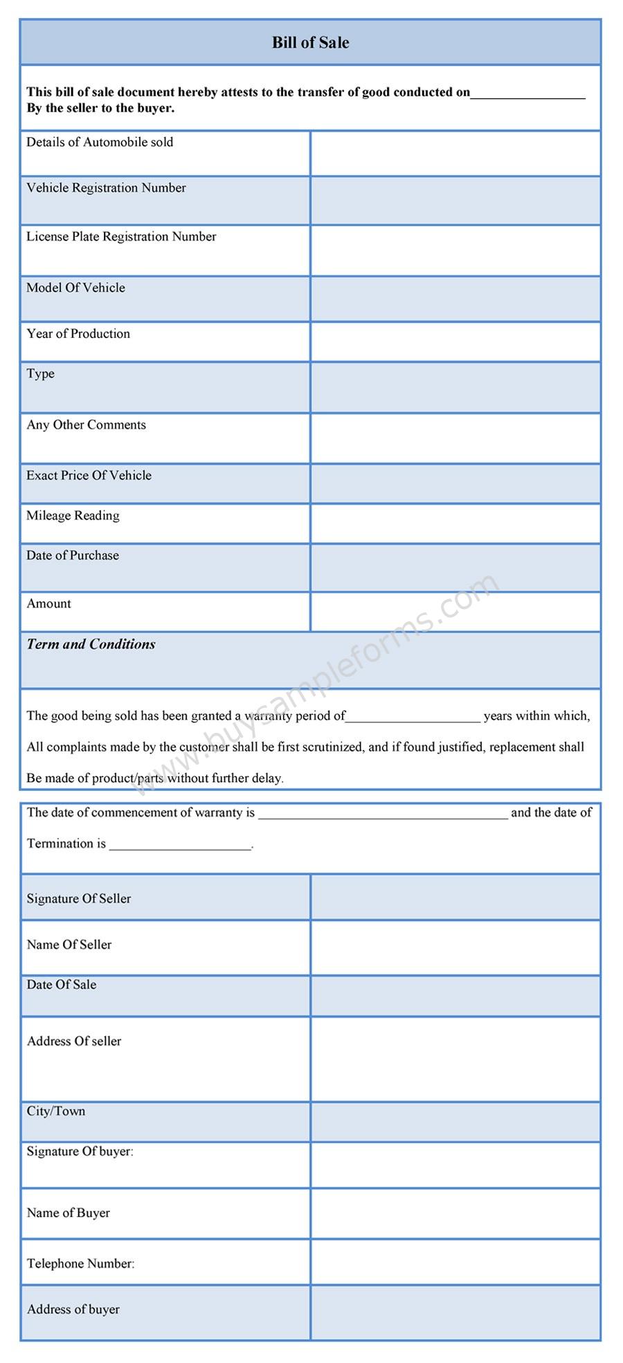 Free Bill of Sale form - Sample Forms