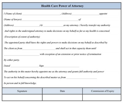 Health Care Power of Attorney Form
