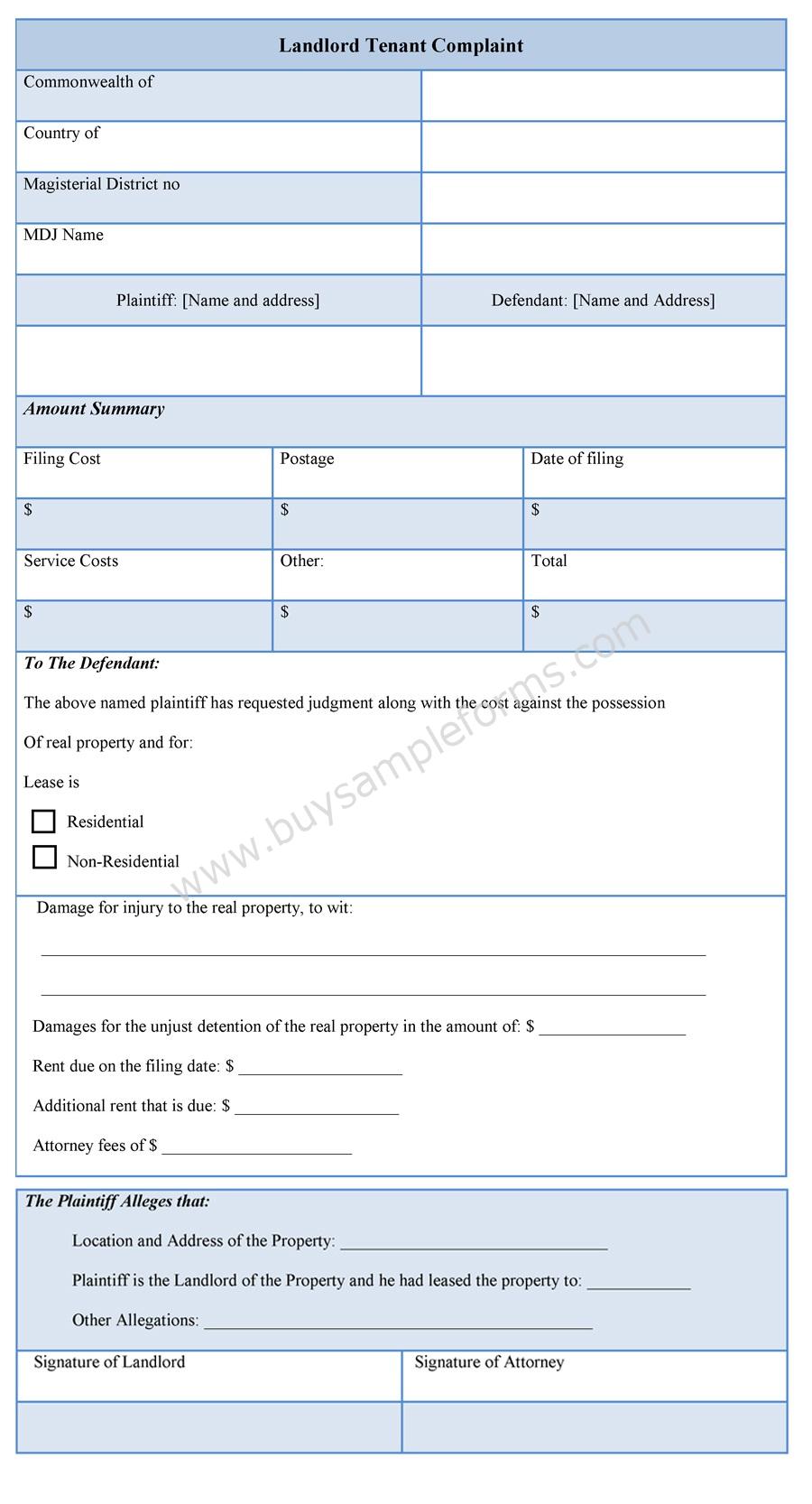 Landlord Tenant Complaint Form