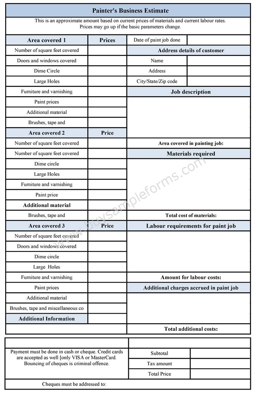 Painting Business Estimate Form