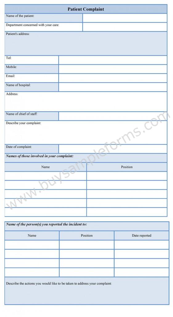 sample patient complaint form