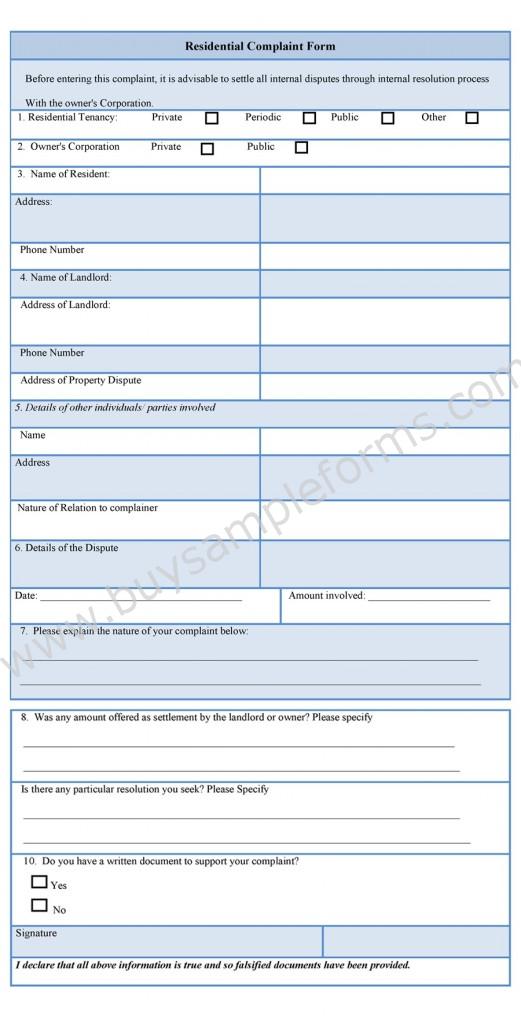 Residential Complaint Form Template, Sample Complaint Form