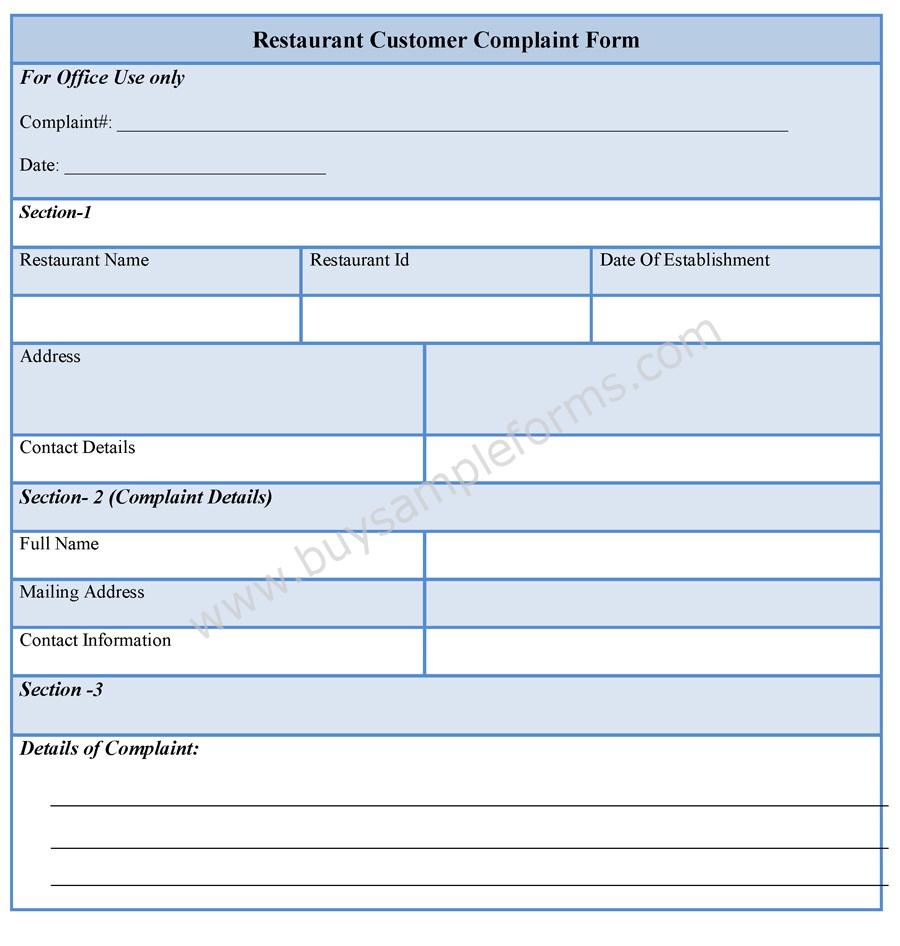 Restaurant Customer Complaint Form template, sample