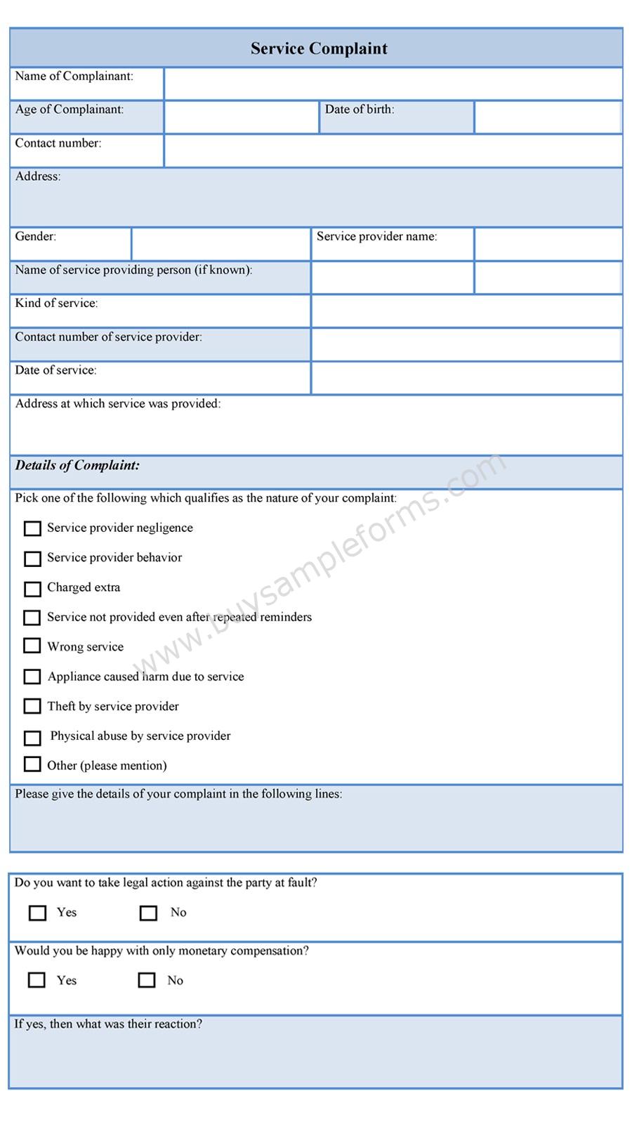 Service Complaint Form Template, Example