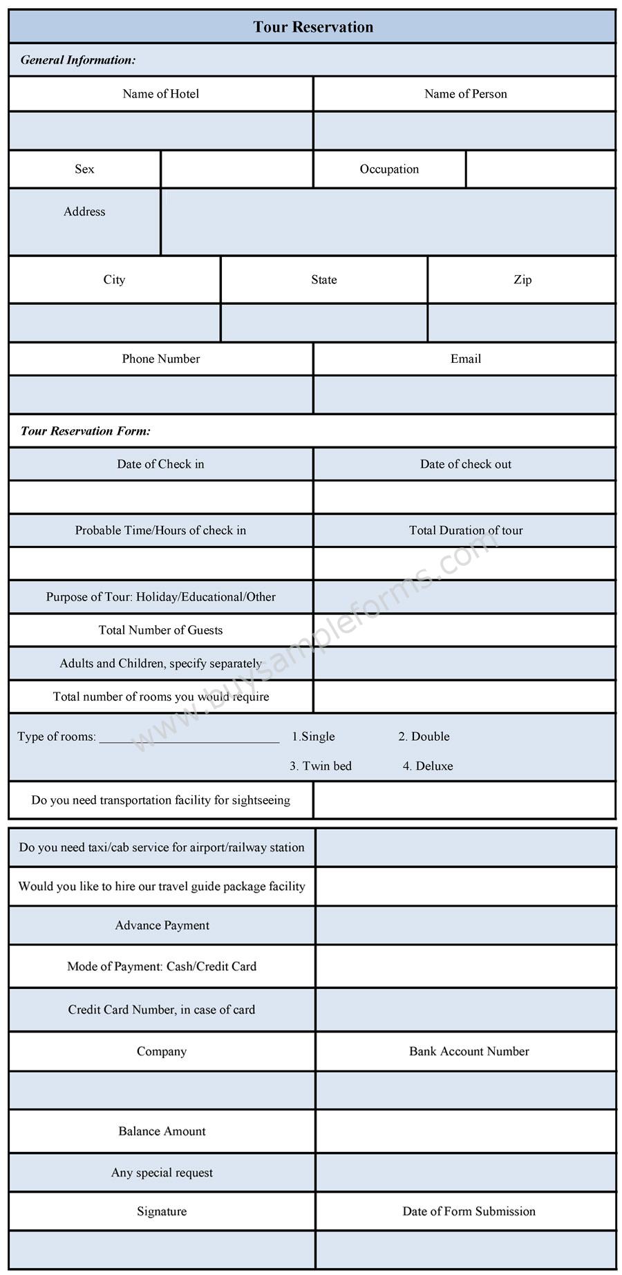 format of tour reservation form