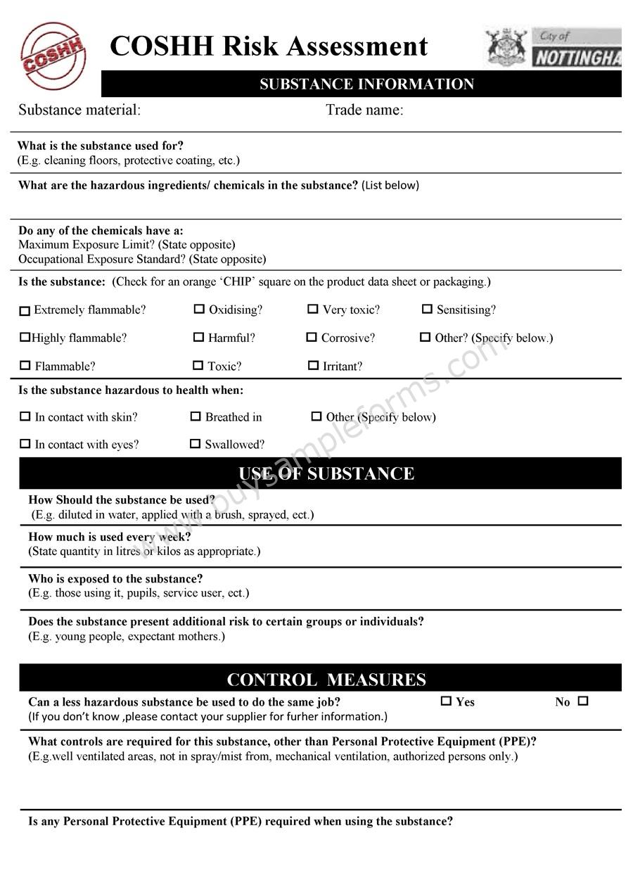 Coshh Risk Assessment Form - Sample Forms