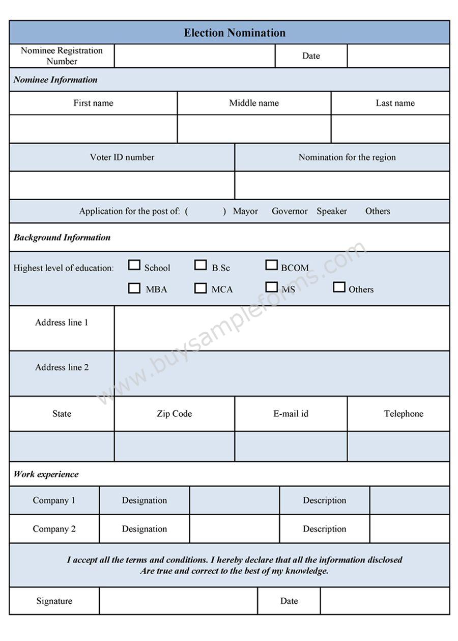 Election Nomination Form Sample Forms