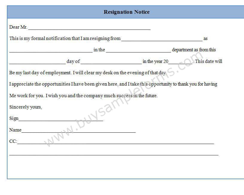 resignation notice form template