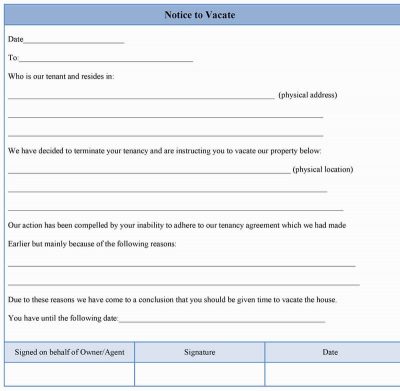 Notice to Vacate Form Sample