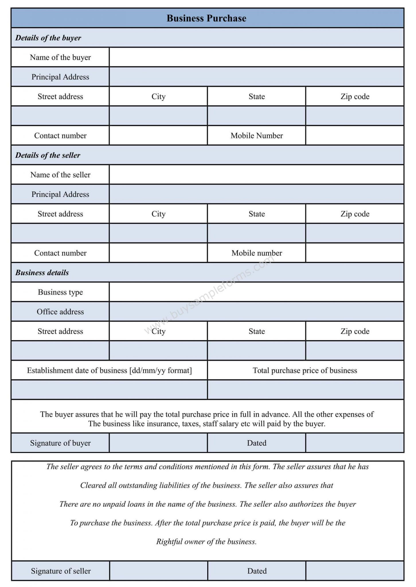 Sample Business Purchase Form Template