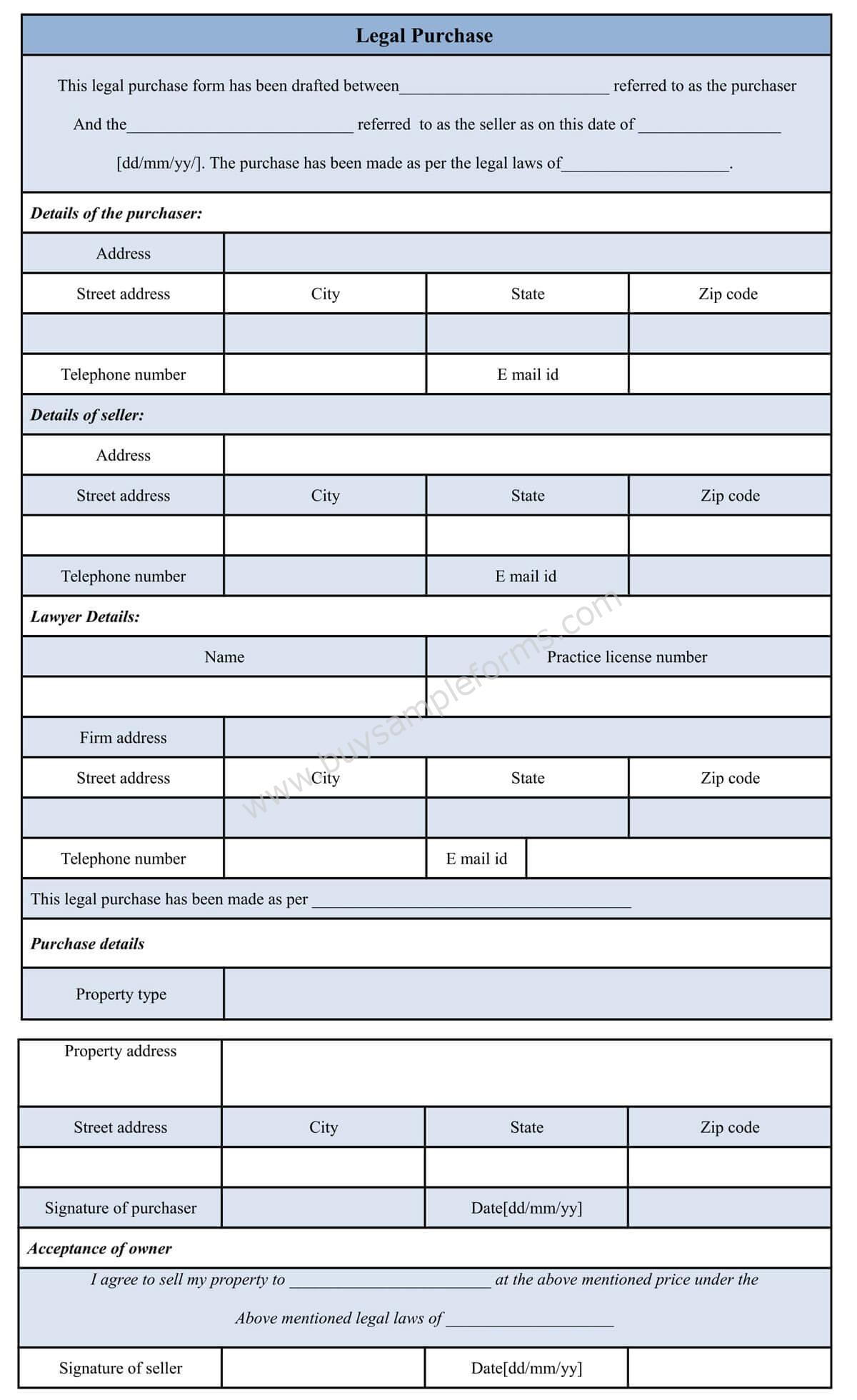sample Legal Purchase Form template word