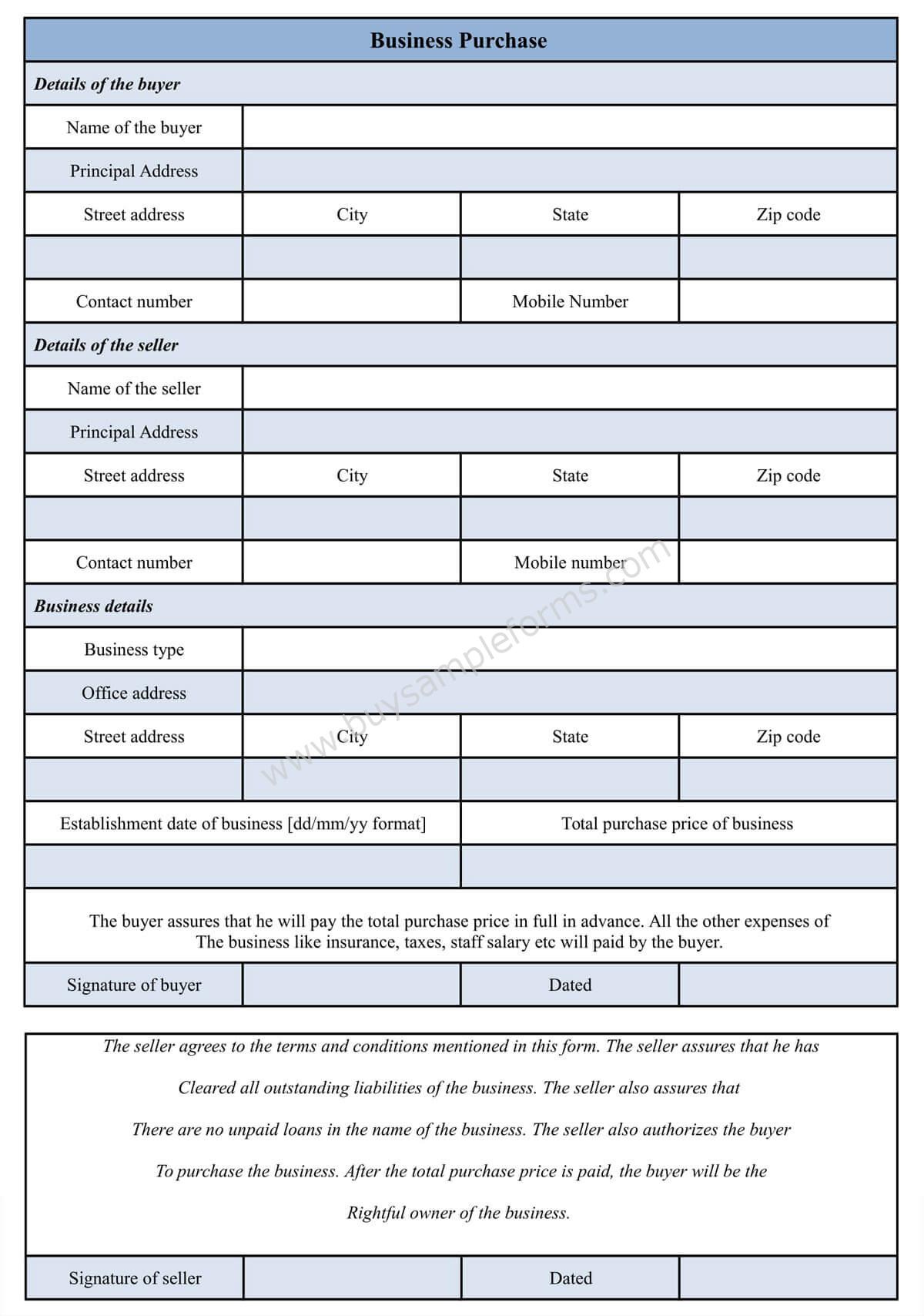 sample Business Purchase Form template word