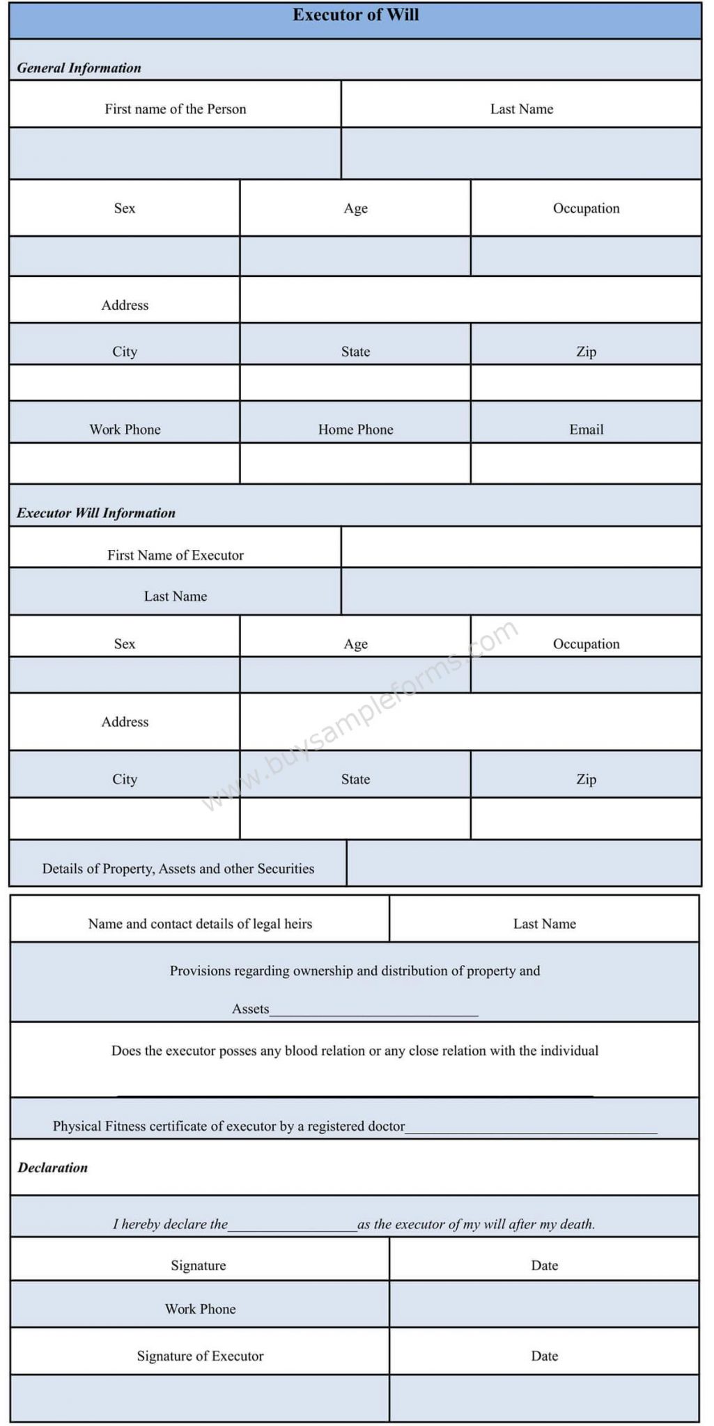 Executor of will form templete Sample