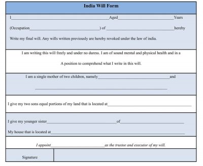 India Will Form template form