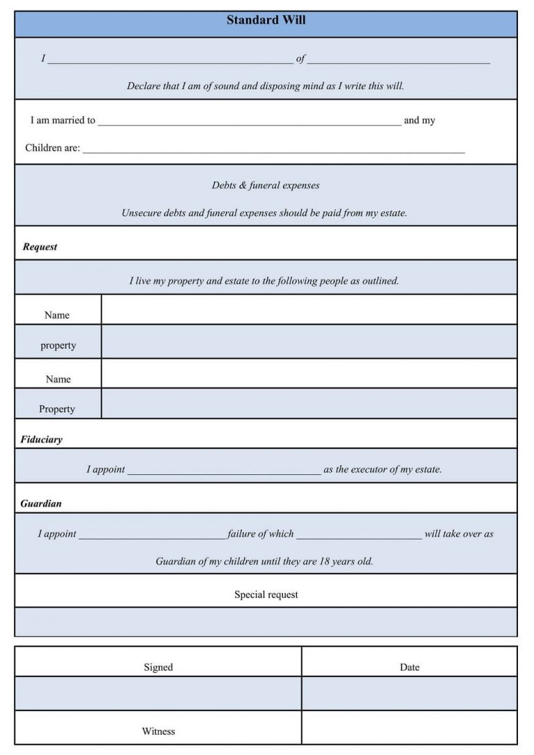 Standard Will Form in Microsoft Word Sample Forms