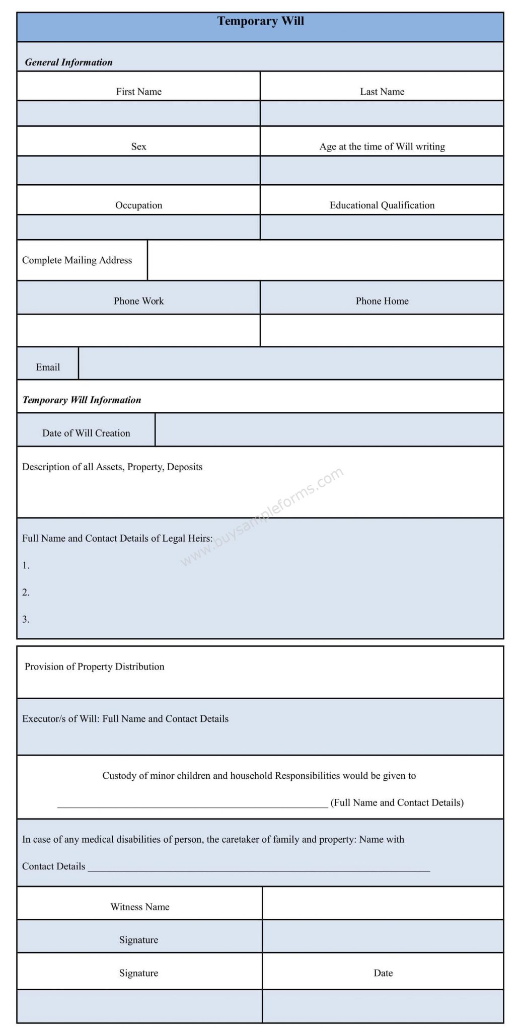 Temporary Will Form Sample Template