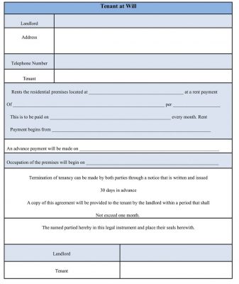 Tenant at Will Agreement Form