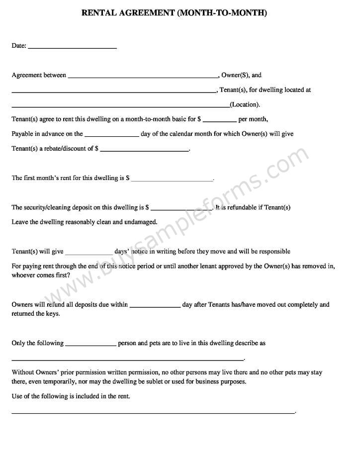 Simple Free Month to Month Rental Agreement form Template Word