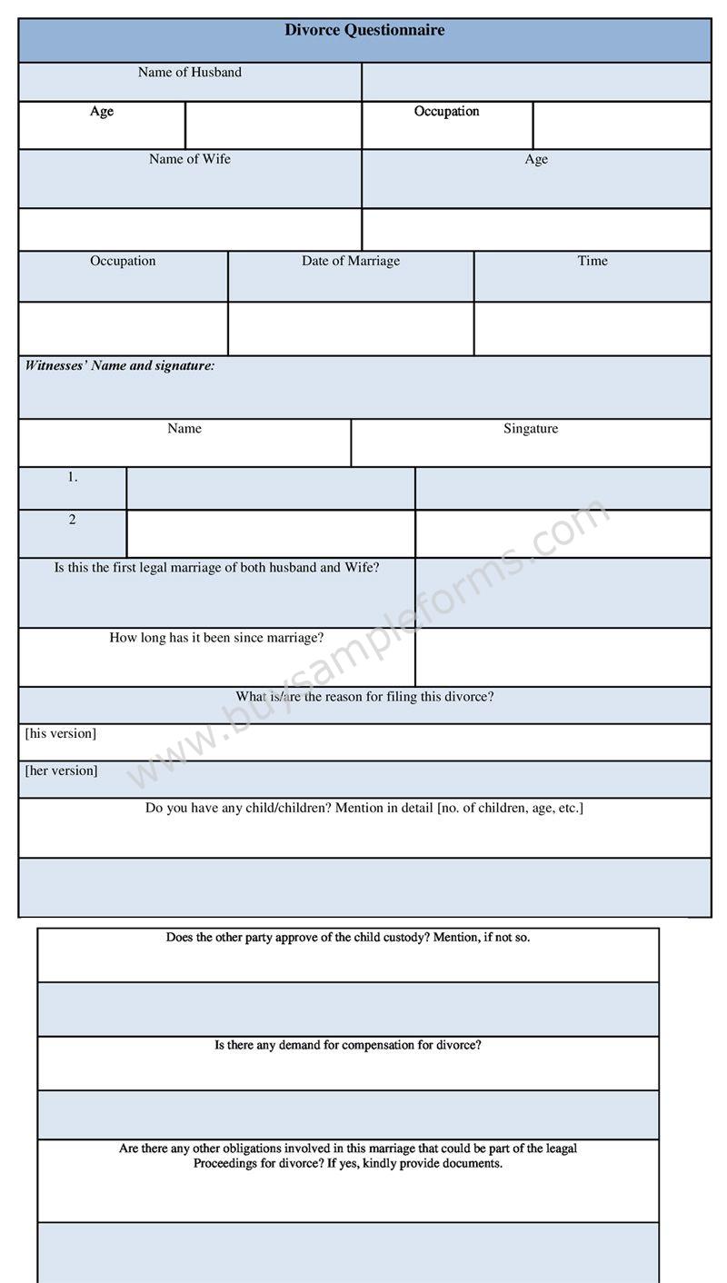 Sample Divorce Questionnaire Form, template