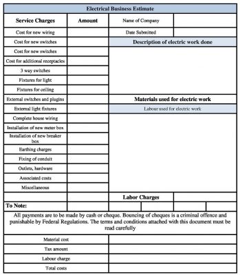 Electrical Business Estimate Form - Electrical Work Estimate Sample Template in Word