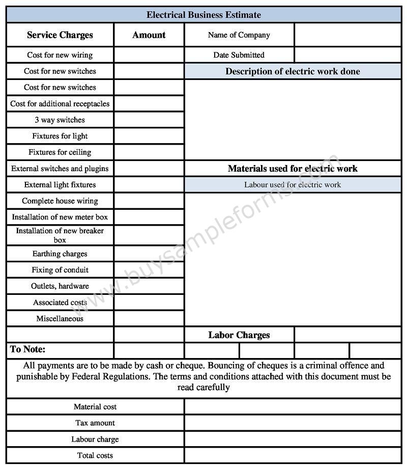 Electrical Business Estimate Form - Electrical Work Estimate Sample Template in Word