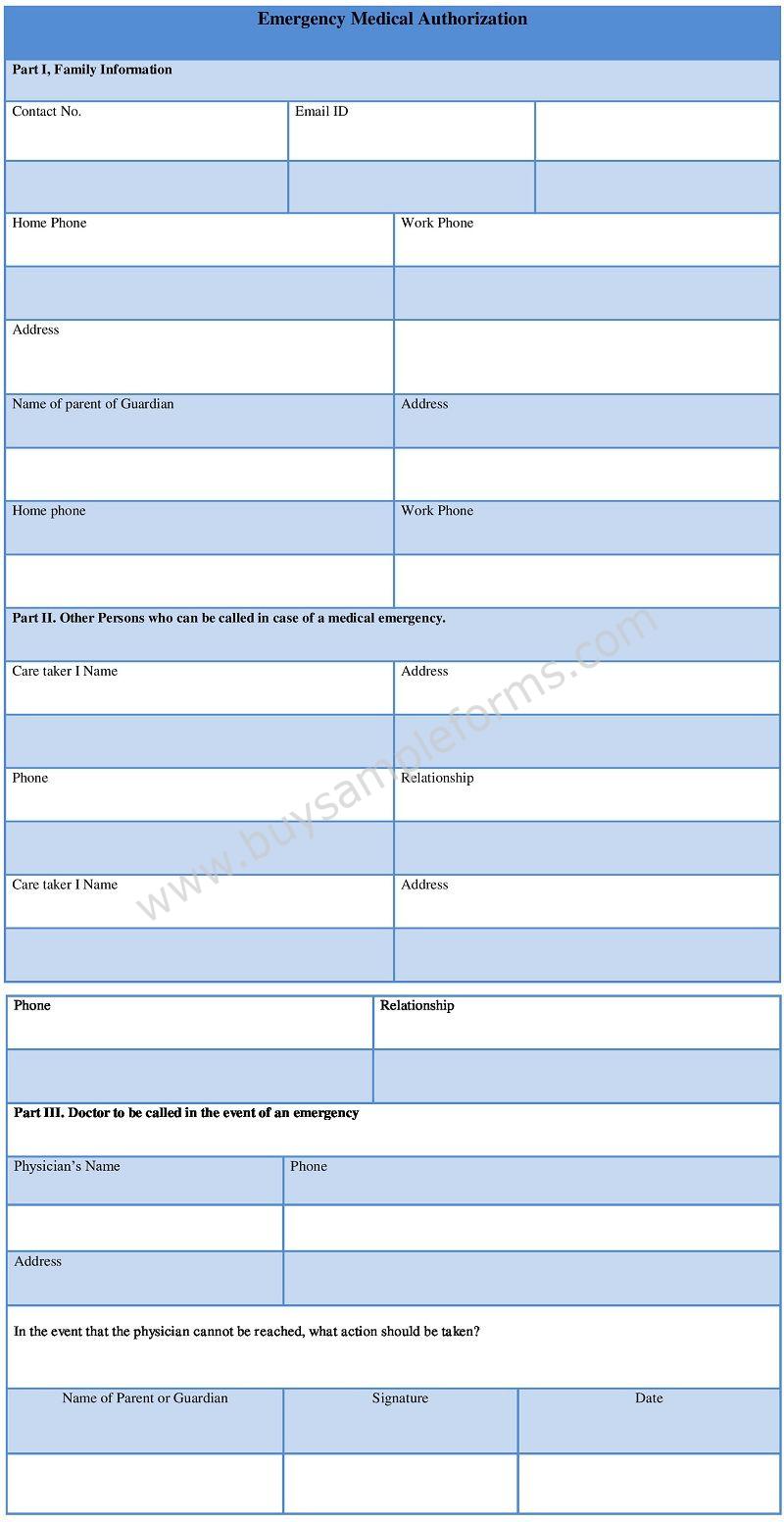 Emergency Medical Authorization Form Template