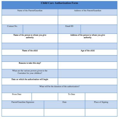 Child Care Authorization Form Template - Word and PDF‎