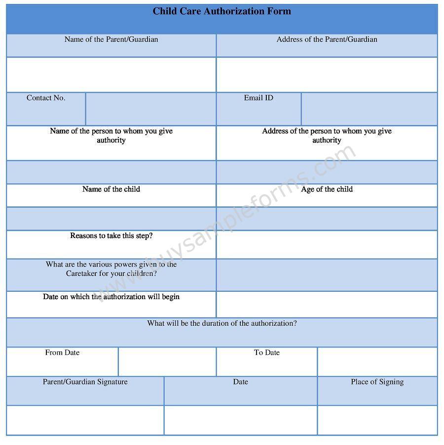 Child Care Authorization Form Template Sample