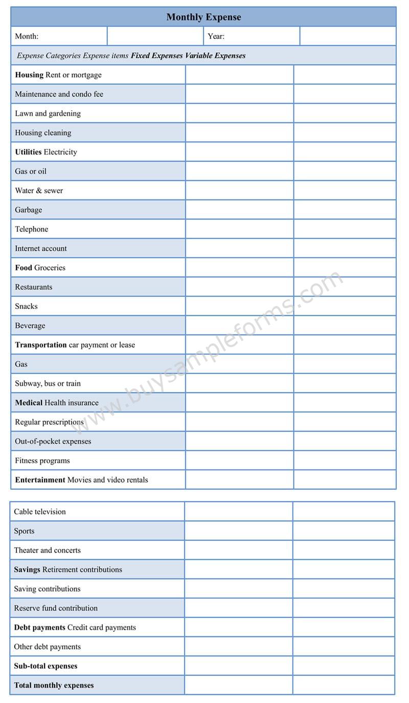Monthly Expense Form, Monthly Budget Template Word