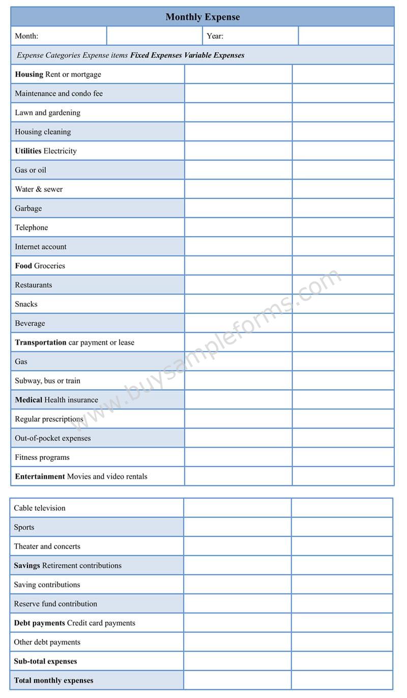 monthly expenses form monthly expenses form