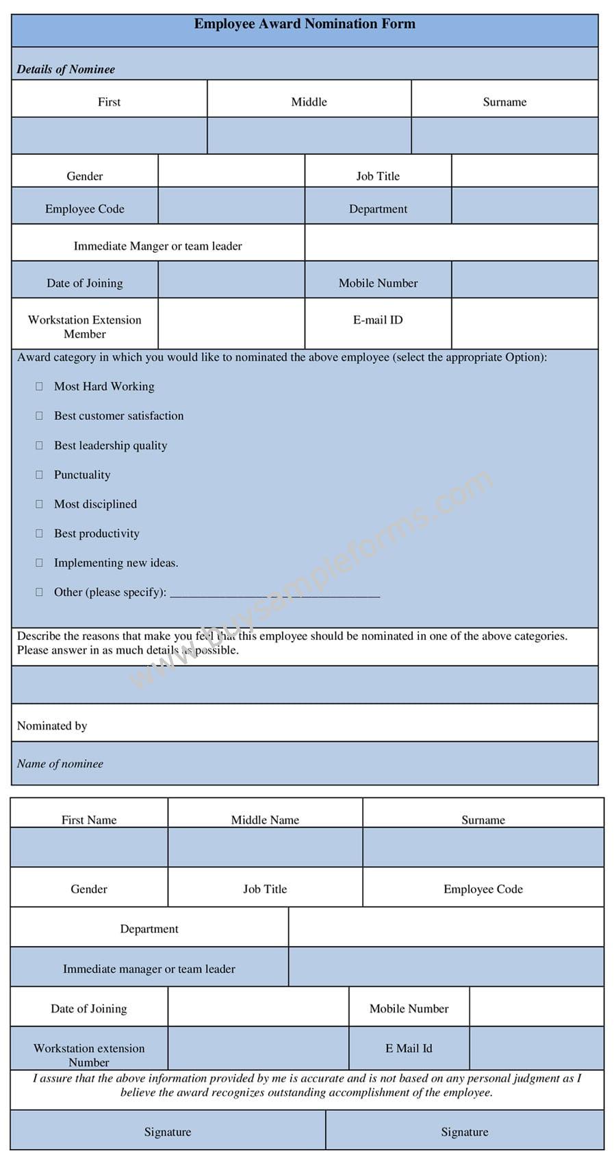 Employee Award Nomination Form Template