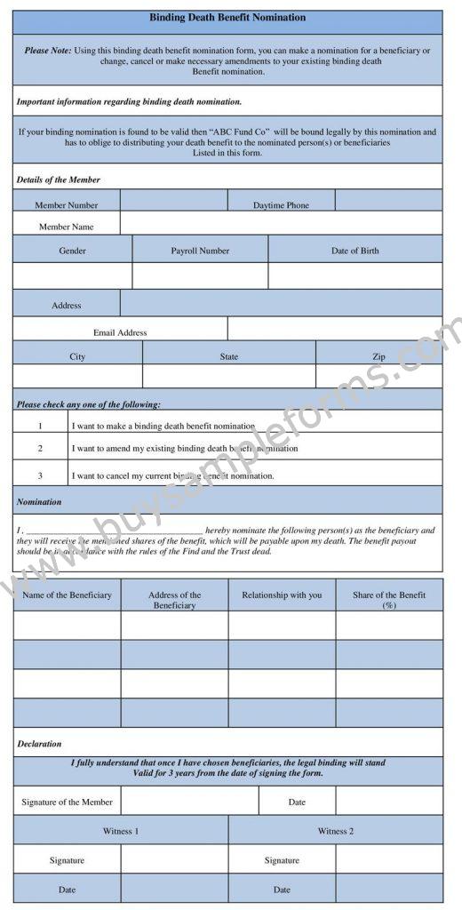 Binding Death Benefit Nomination Form Template