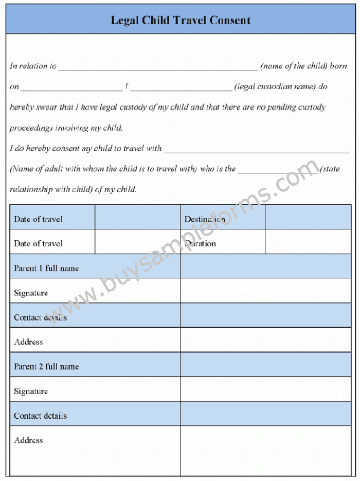 Printable Legal Child Travel Consent Form Template Word